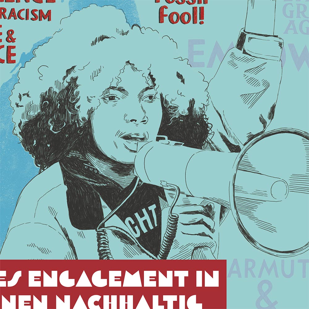Close-up of cover illustration with young woman on a megaphone and arm in the air
